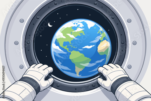 Astronaut looking at earth from space through a porthole, admiring the blue planet