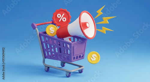 Shopping cart with megaphone percentage sign dollar coins and percentage icon on blue background online sales promotion advertisement