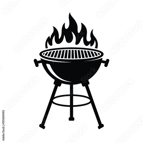 Black silhouette of a round barbecue grill with active flames