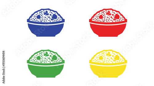 Four colorful bowls filled with rice displayed in a grid layout