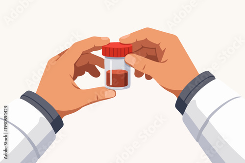 Medical professional hands holding sample jar with red liquid for laboratory analysis