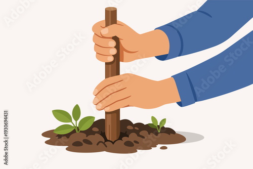 Hands planting new seedling with a support stick in soil, symbolizing growth