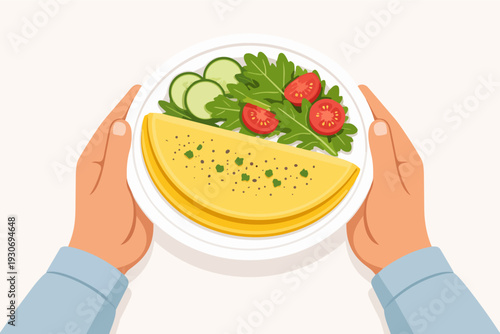 Hands holding plate with healthy omelet and fresh green salad for breakfast