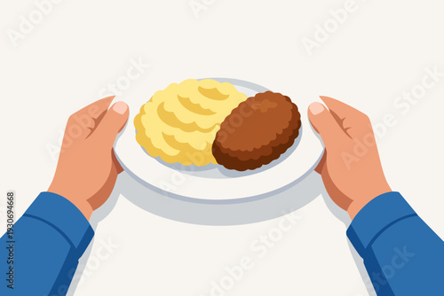 Hands holding plate with mashed potatoes and cutlet, preparing for a homemade meal