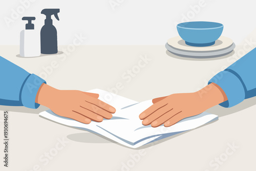 Hands cleaning a table surface, sanitizing against viruses and bacteria