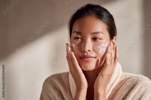 Young Asian woman applying moisturizing cream on face during daily skincare routine. Soft warm lighting highlights healthy smooth complexion and natural beauty in minimal studio setting.