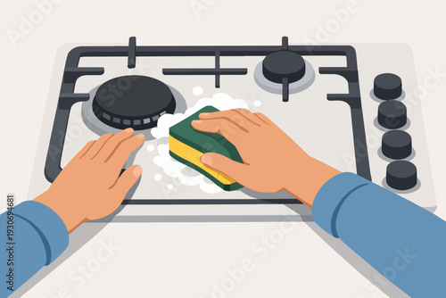 Hands cleaning gas stove hob with sponge and foam in kitchen
