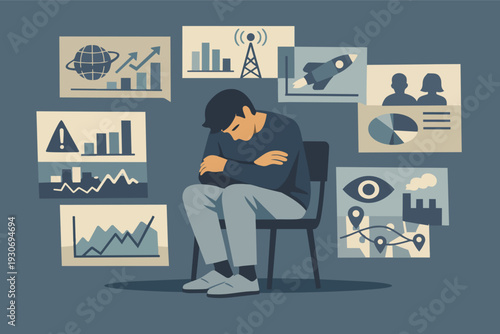 Man experiencing information overload and analysis paralysis from overwhelming data