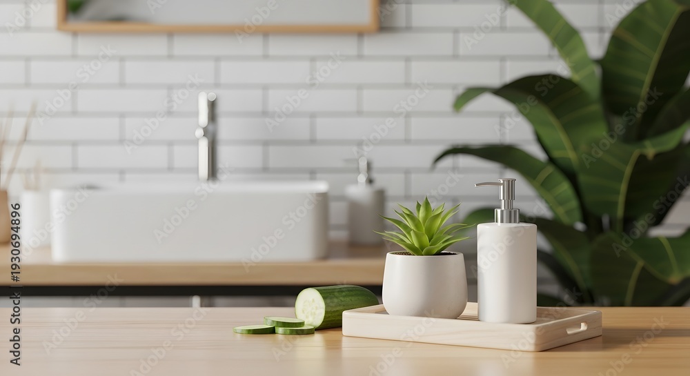 Fototapeta premium Clean bathroom countertop with white soap dispenser potted succulent and fresh cucumber slices on wooden tray against white subway tiles