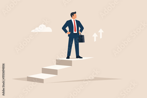 Ambitious businessman standing on top of career steps looking for future success