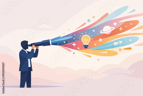 Businessman looking through telescope finding creative ideas and future vision