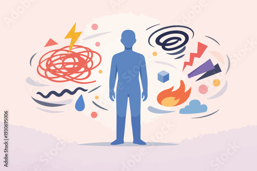 Person experiencing mental stress and emotional chaos, with symbols of anxiety
