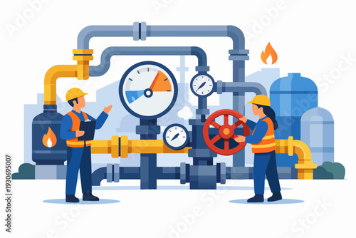 Workers managing pipeline systems and gas industry infrastructure