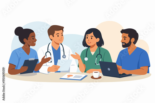 Medical team collaborating, doctors and nurses having a meeting, healthcare professionals discussing