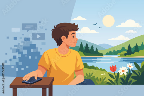 Young man choosing nature and mental well-being over digital screen time