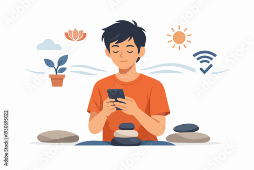 Person balancing smartphone use with digital wellbeing and meditation concepts