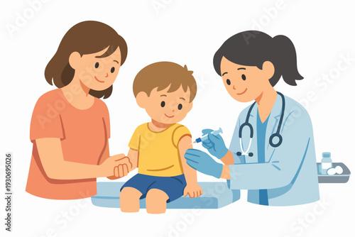 Child receiving vaccination with mother in pediatrician's office, promoting health