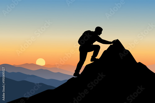 Climber silhouette ascending mountain peak at sunrise, illustrating achievement and success