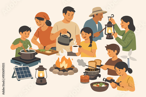 Family enjoying sustainable camping outdoors, cooking food with solar energy and bonfire