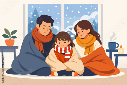 Family enjoying warm cozy time indoors together during winter snowfall