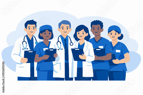 Diverse medical team standing together, offering healthcare support and professional services