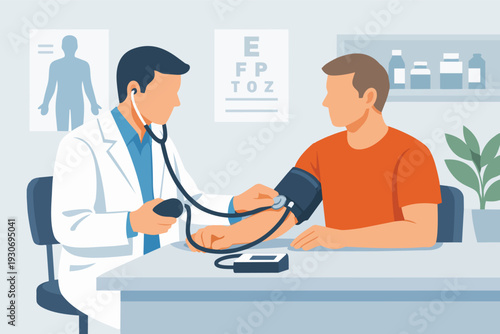 Doctor performing a blood pressure checkup on male patient in clinic