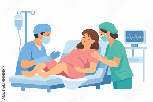Pregnant woman in labor on a hospital bed, medical team assisting with childbirth