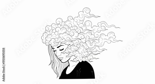 Woman with cloud-like hair, peaceful expression, looking down