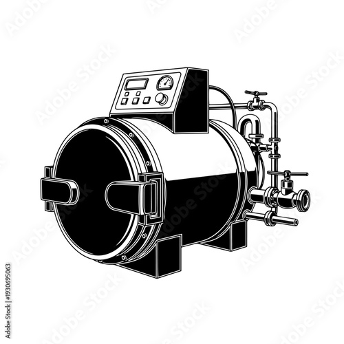 Professional autoclave black and white vector icon representing a sterilization machine used in hospitals laboratories and clinics for disinfecting instruments