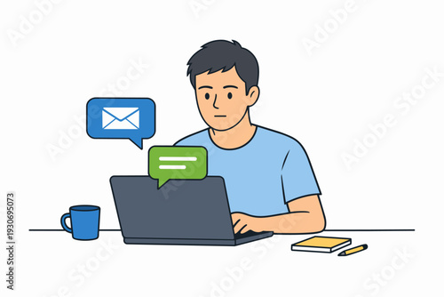 Man working on laptop receiving email and message notifications