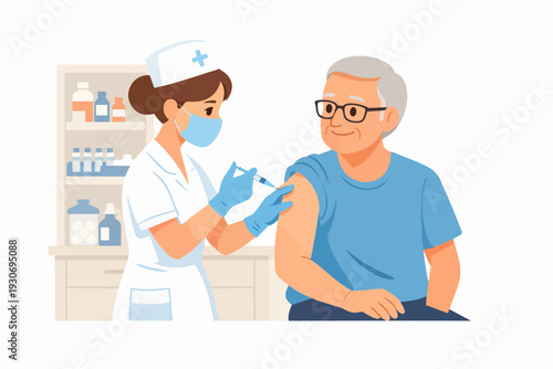Nurse vaccinating a senior man for immunity and health in a medical clinic