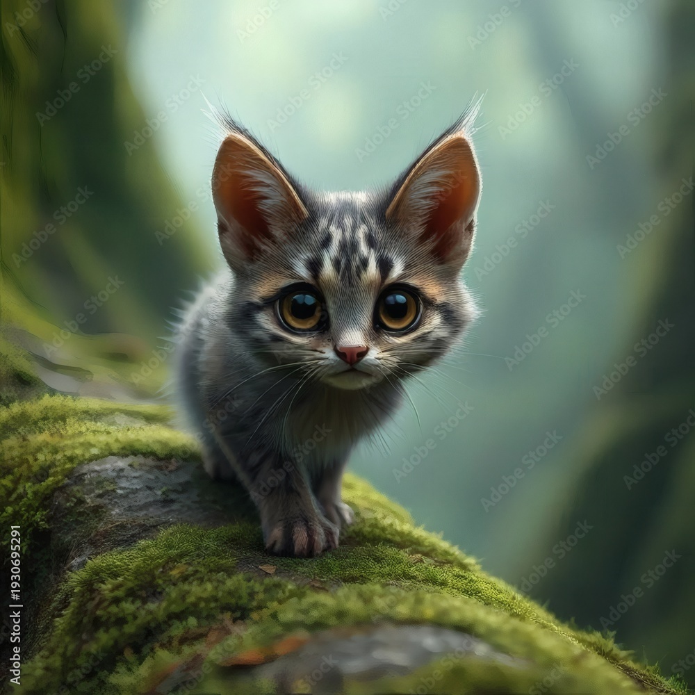 Fototapeta premium Adorable kitten perched on a mossy branch in a lush forest.