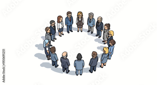 Isometric illustration of a diverse group of business professionals standing in a circle on a white background with a professional and collaborative mood.
