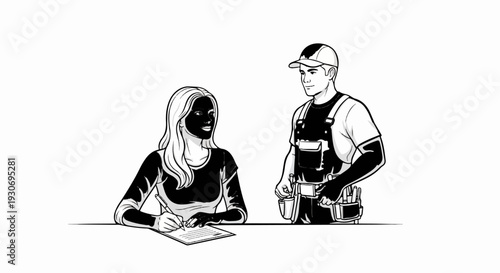 Woman with dark face signs document, construction worker stands by