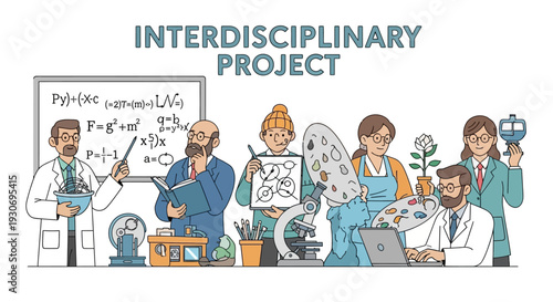 Diverse team collaborating on interdisciplinary project with science and art