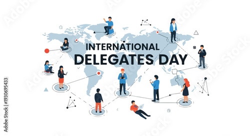 Illustration of diverse people connected by lines around a world map on International Delegates Day with a professional and global theme.