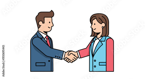 A man and woman in business attire shake hands against a plain white background with a professional mood.