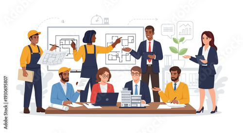 Diverse team collaborating on innovative construction project with blueprints