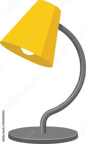 Minimalist 3D-style vector illustration of a modern bedside lamp with a vibrant yellow conical shade and a curved gray metallic stand on a white background.
