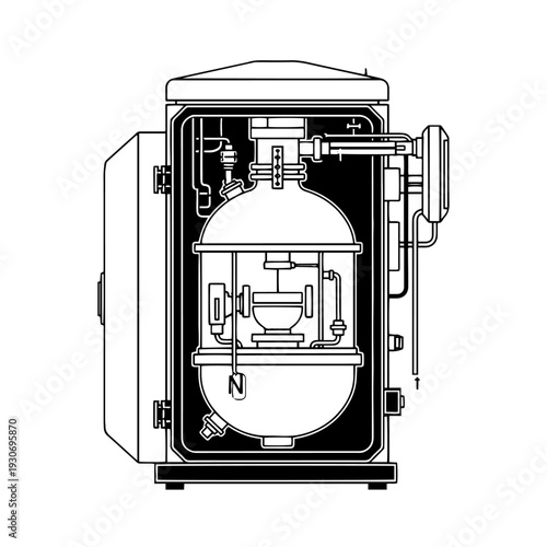 Professional cryostat black and white vector icon designed in clean outline style representing a laboratory instrument used for freezing and cutting tissue samples in histology