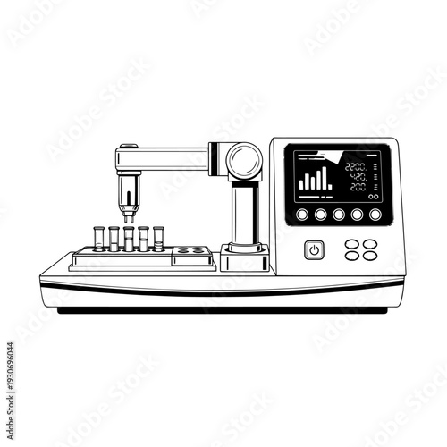 Professional electrolyte analyzer black and white vector icon designed in clean outline style representing a laboratory diagnostic machine used for measuring electrolyte levels in blood and body 