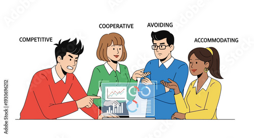 Diverse team discussing conflict resolution strategies in modern office