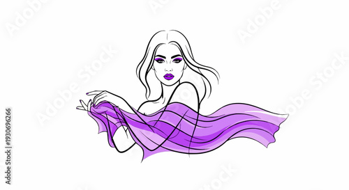 Woman with flowing purple fabric, striking makeup, and elegant pose