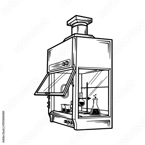 Laboratory Fume Hood Black and White Vector Icon Chemical Safety Cabinet Line Art Illustration for Science Lab Ventilation Hazard Protection and Research Facility Use