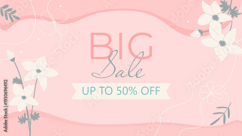 Spring banner for a big sale. Delicate background with leaves and flowers. Banner for marketing purposes, a big sale with a delicate pink and milky color. Template for advertising banners, posters, so
