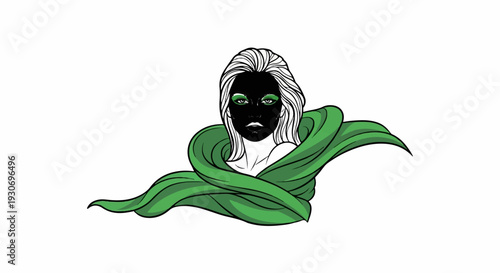 Woman with green scarf and striking green eyeshadow, white hair