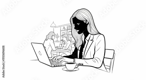 Woman working on laptop at cafe with colleagues in background