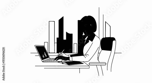 Woman working on laptop with city skyline in background