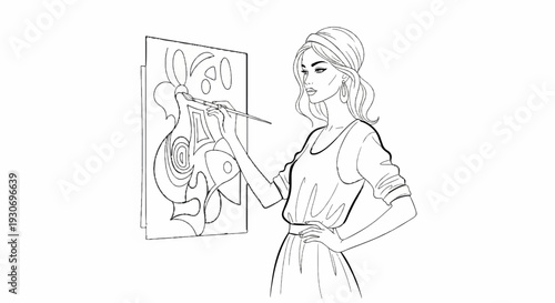 Woman with headscarf painting abstract art on canvas with brush