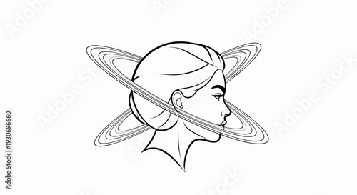Woman's profile with planetary rings, abstract line art